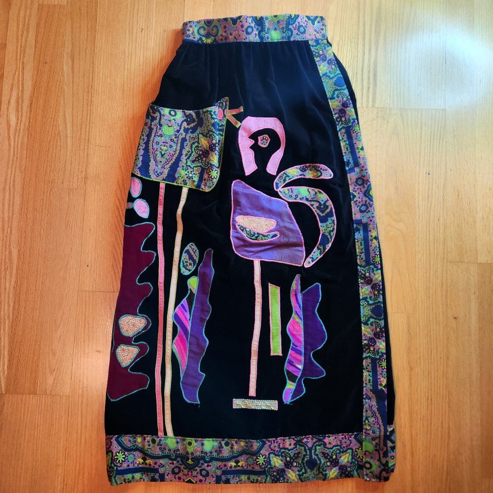 Artisans Black Velvet Colorful Applique Maxi Skirt M/L Trois Amies Boho Ethnic